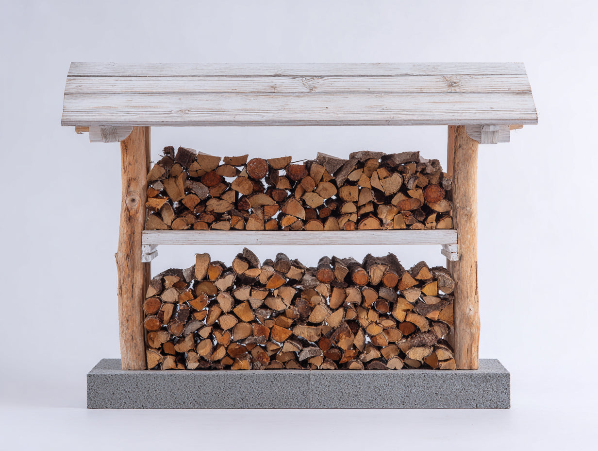 Kaminholzregal Holz 160x45x150 cm - Weiß-Natur-Grau - mit Schutzdach und Sockel