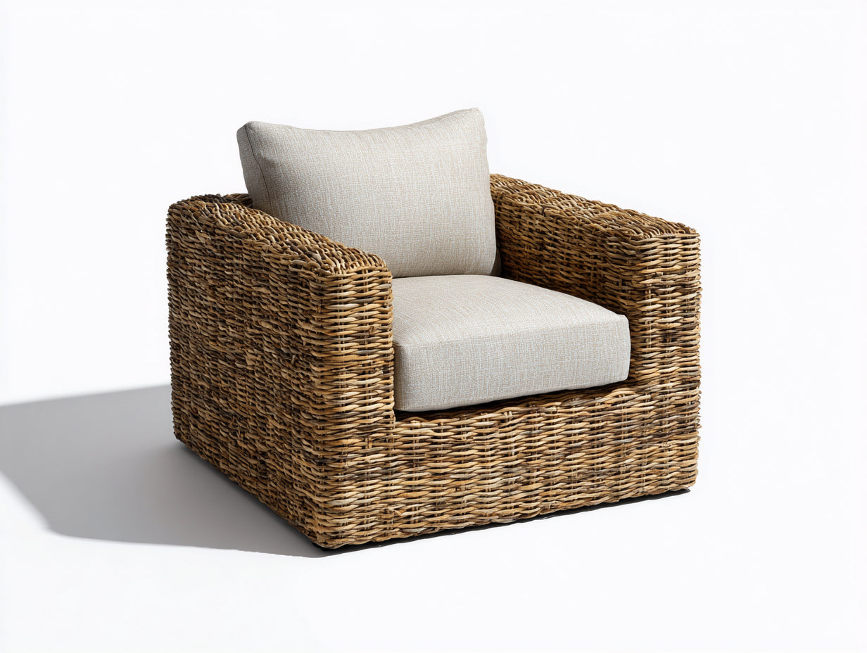 Polyrattan Gartensessel Rattanoptik mit Stoffpolster 92x88x80 cm - Natur-Beige - für Garten und Terrasse - Modernes Design