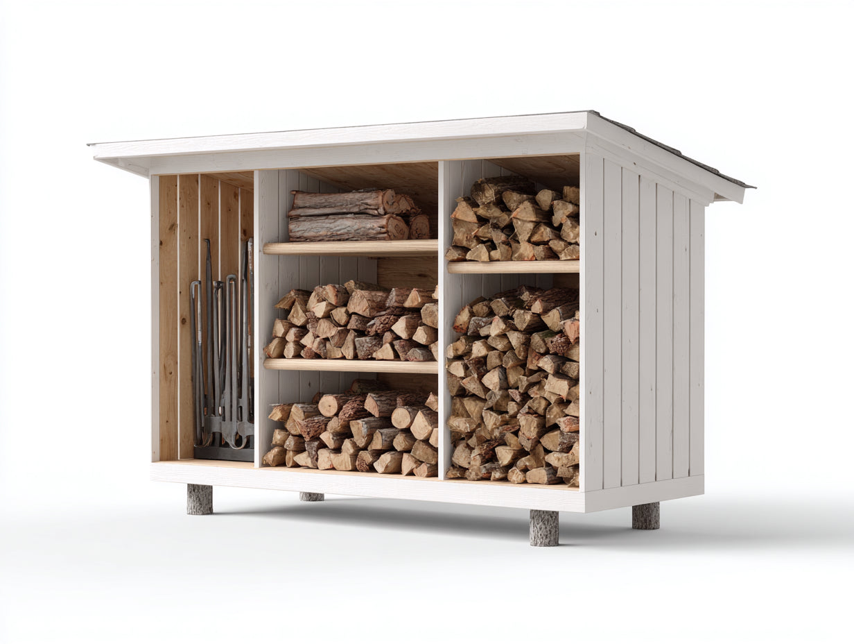 Kaminholzregal Holz 180x55x145 cm - Weiß-Natur - für Kaminholz - mit Geräteraum